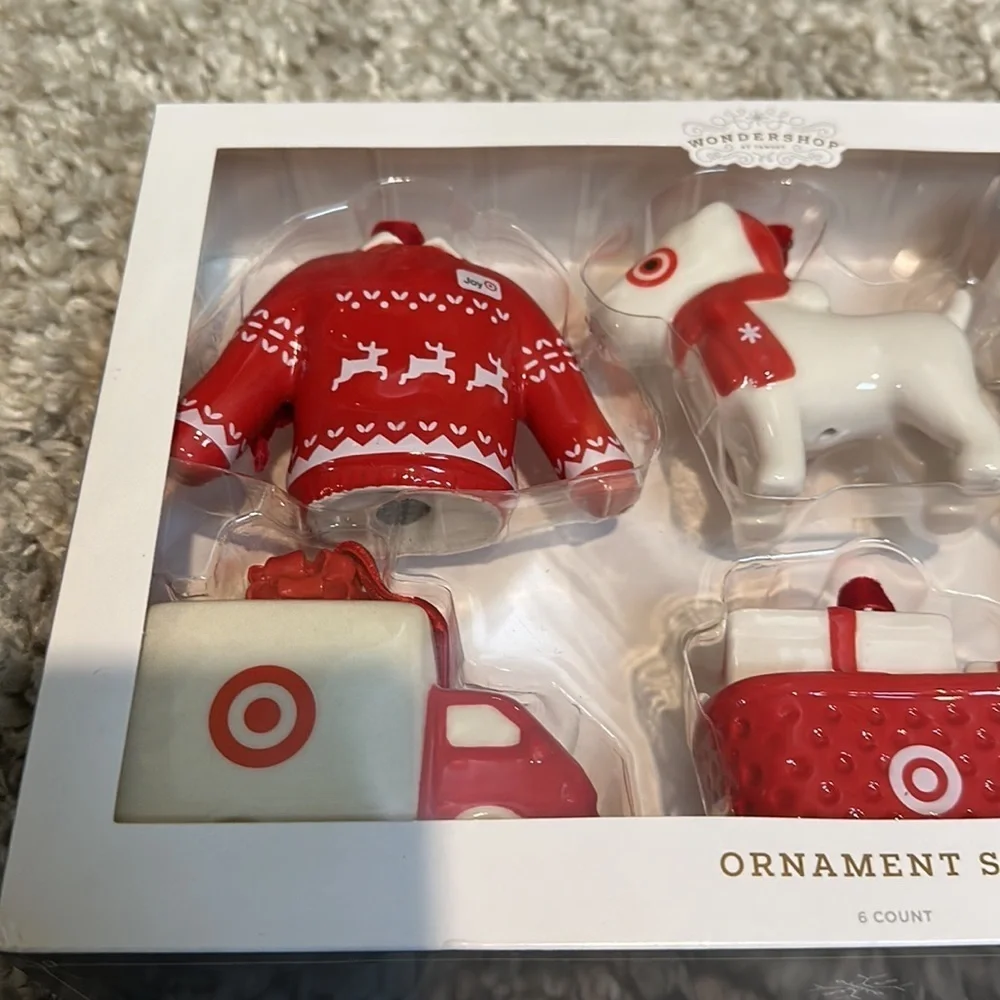 Ceramic Target Dog Christmas Tree Ornament Set 6pc Red/White Wondershop New